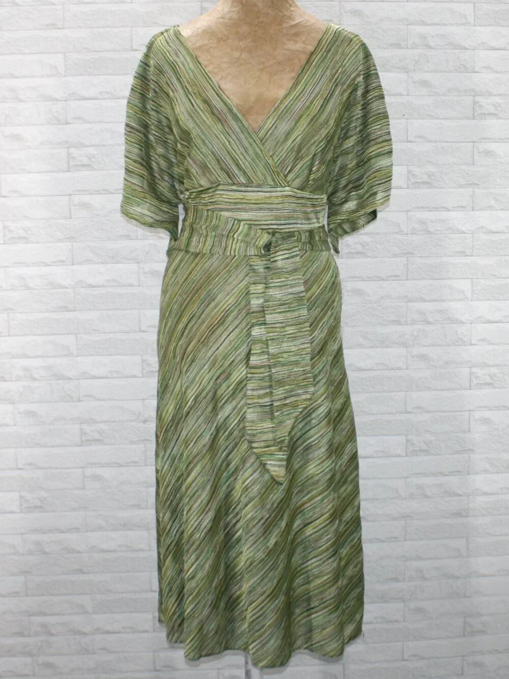 ADRIANNA PAPELL Dress Faux Wrap Stripe Midi Multi-color Green Tan Cream 12 - Picture 1 of 15
